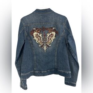 Harley Davidson Embroidered Embellished Wings Denim Zip Up Jean Jacket Large